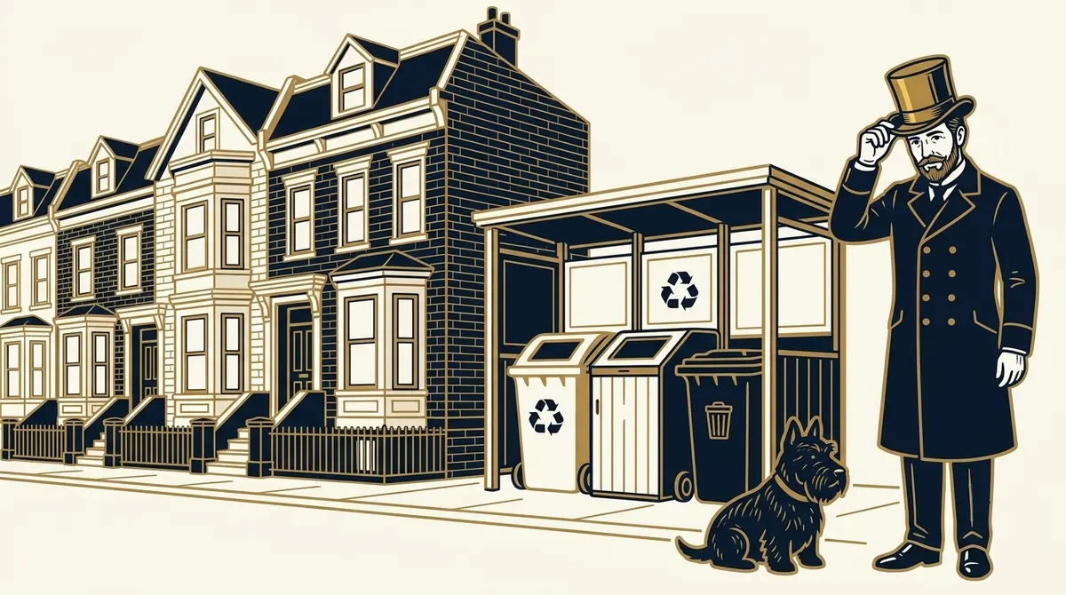 The Dr. Doo gentleman tipping his hat outside a row of townhomes with waste and recycling bins
