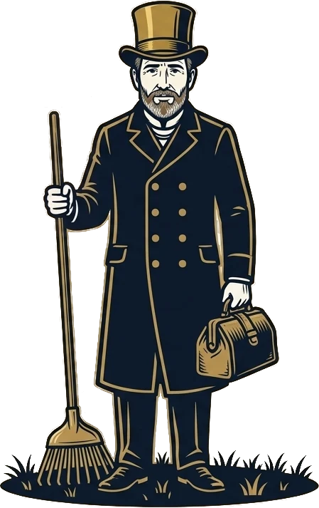 The Dr. Doo gentleman in a top hat and long coat, holding a rake and a doctor's bag, ready to service your yard