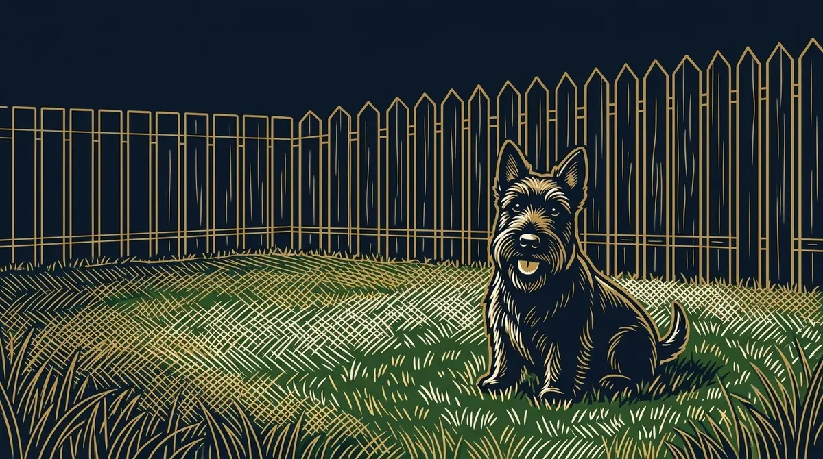 A happy Scottie dog in a freshly cleaned, fenced backyard